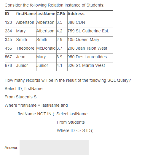 Solved Consider The Following Relation Instance Of Students: | Chegg.com