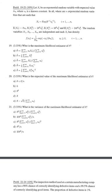 Solved Probl. 19-21 (10%) Let X, be an exponential random | Chegg.com