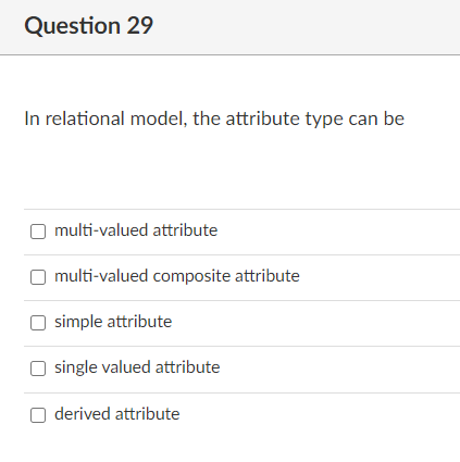 Solved Question 29 In relational model, the attribute type | Chegg.com