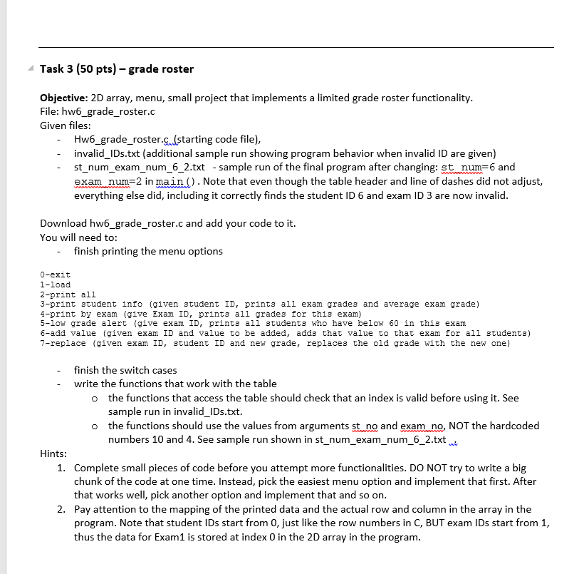 Solved Task 3 (50 pts) - grade roster Objective: 2D array, | Chegg.com