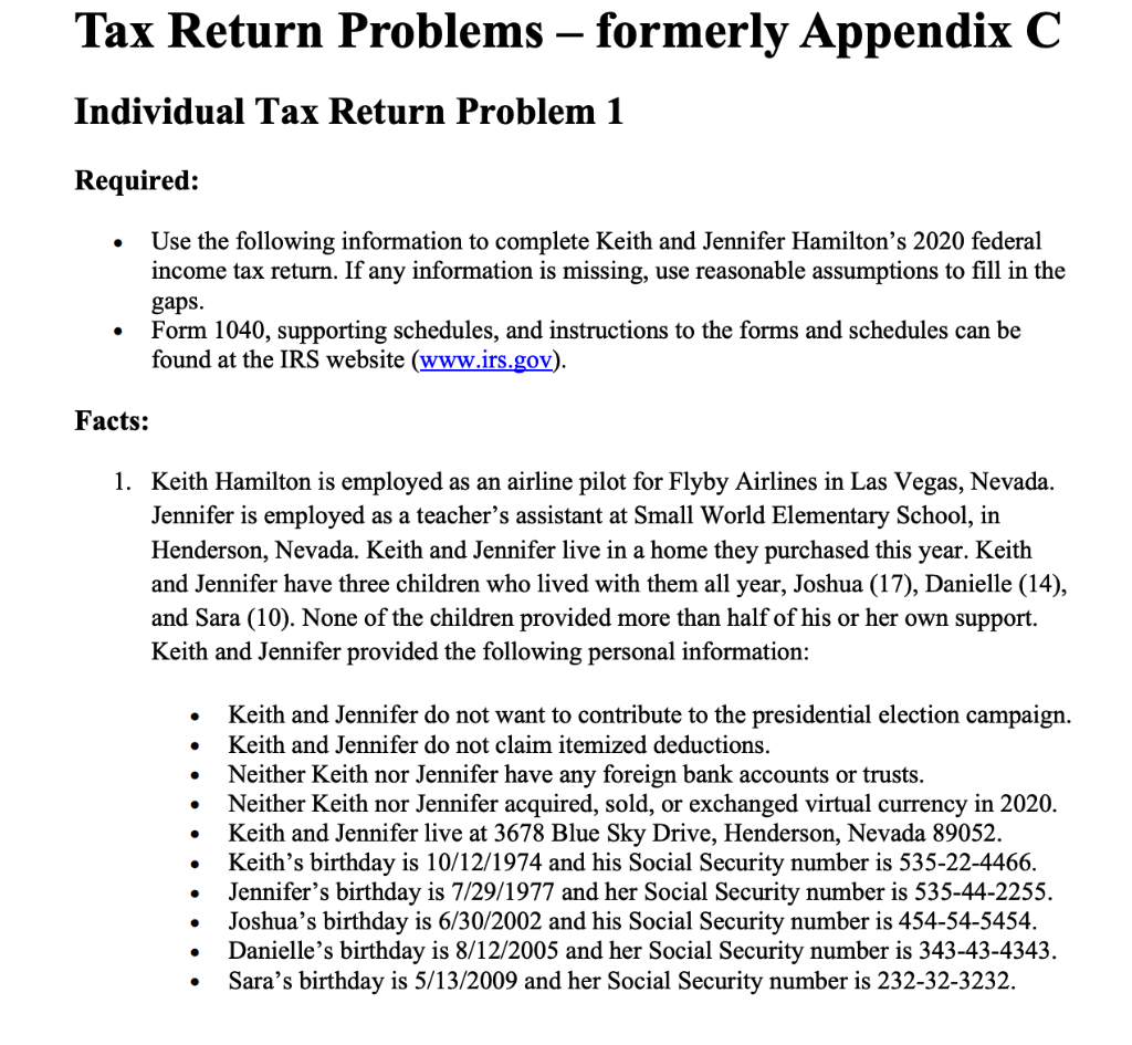 Tax Return Problems formerly Appendix C Individual