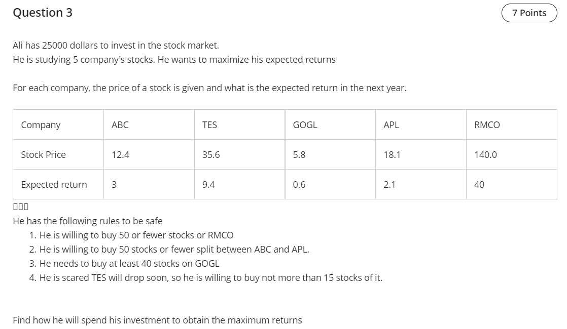 Solved Question 3 7 Points Ali Has Dollars To Invest Chegg Com