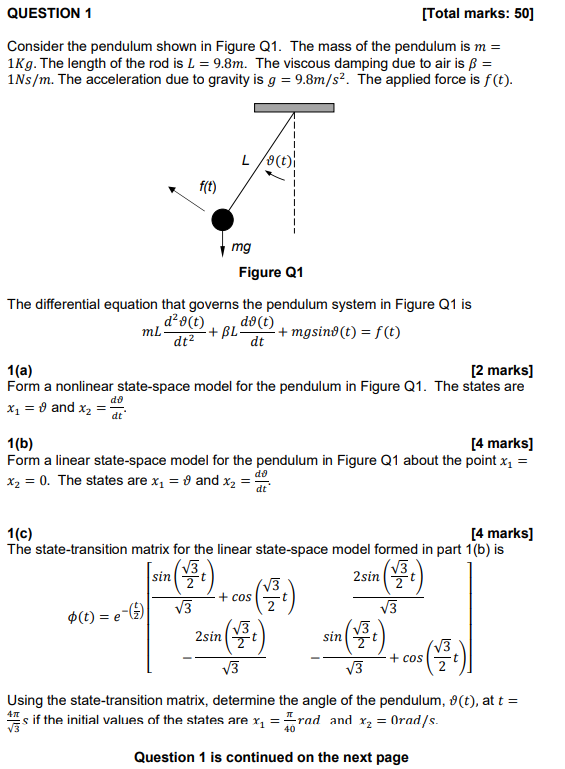 Solved QUESTION 1 [Total marks: 50] Consider the pendulum | Chegg.com