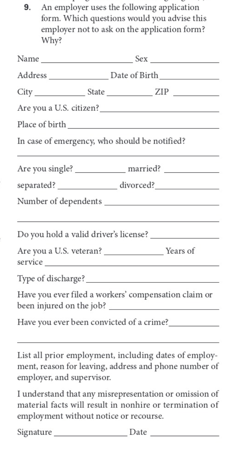 Solved 9 An Employer Uses The Following Application Form 6594