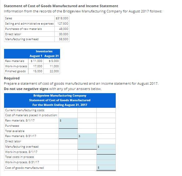 Solved Statement of Cost of Goods Manufactured and Income | Chegg.com