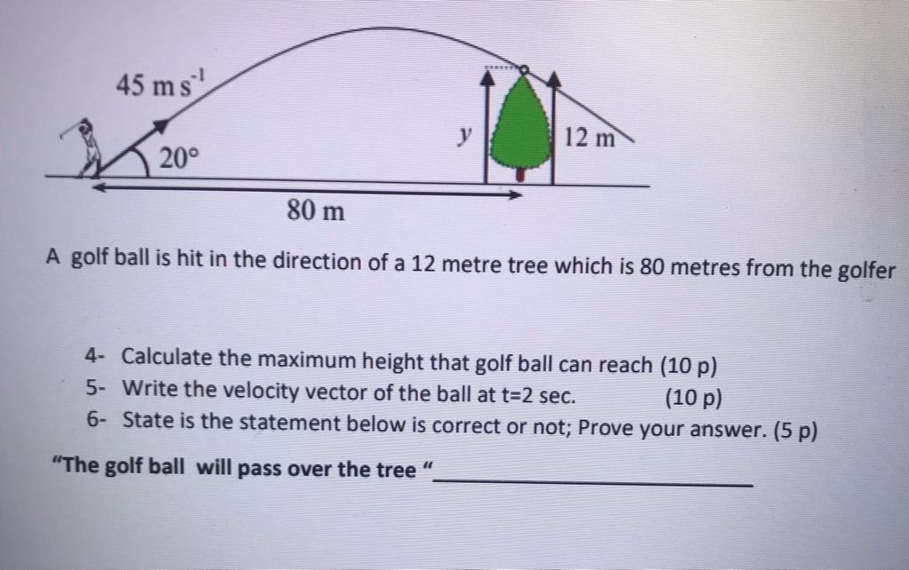 A golf ball is hit in the direction of a 12 metre tree which is 80 metres from the golfer
4- Calculate the maximum height tha