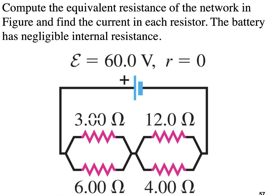 Compute the equivalent resistance of the network in Figure and find the current in each resistor. The battery has negligible