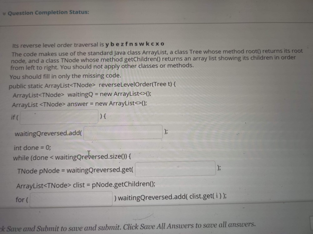 Solved Question Completion Status: Its reverse level order | Chegg.com