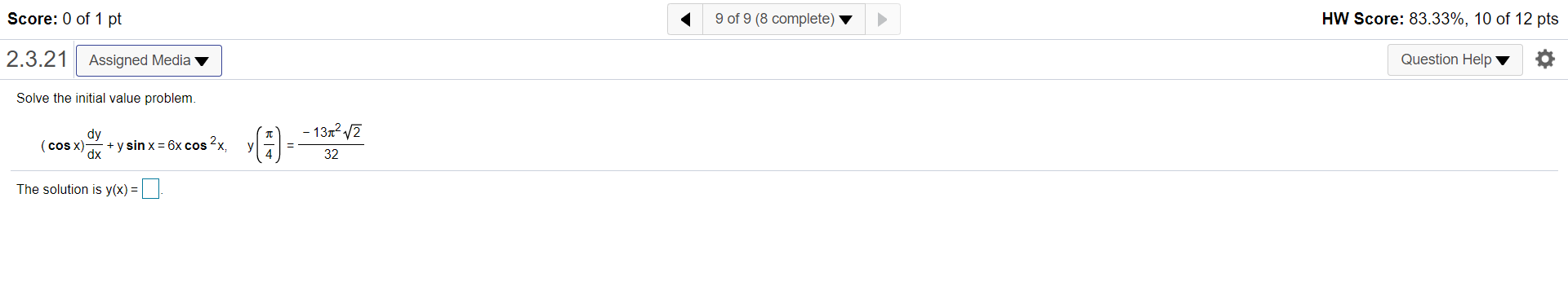 Solved Score: 0 of 1 pt 9 of 9 (8 complete) HW Score: | Chegg.com