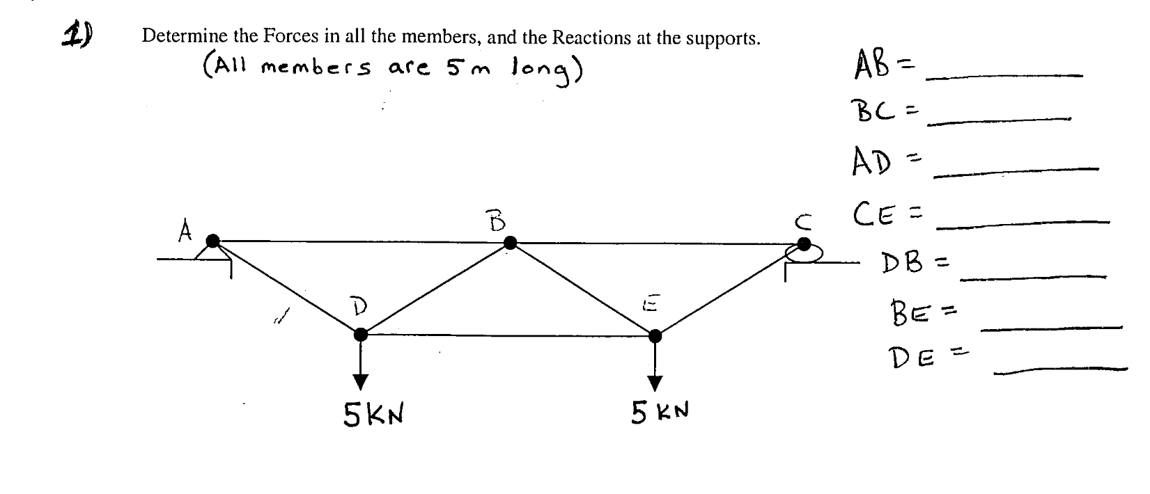 Solved 1) Determine the Forces in all the members, and the | Chegg.com