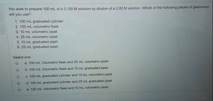 Solved You wish to prepare 100 mL of a 0.100 M solution by | Chegg.com
