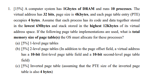 Solved 1. [15\%] A computer system has 1Gbytes of DRAM and | Chegg.com