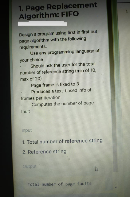 Solved 1 1. Page Replacement Algorithm: FIFO Design a | Chegg.com