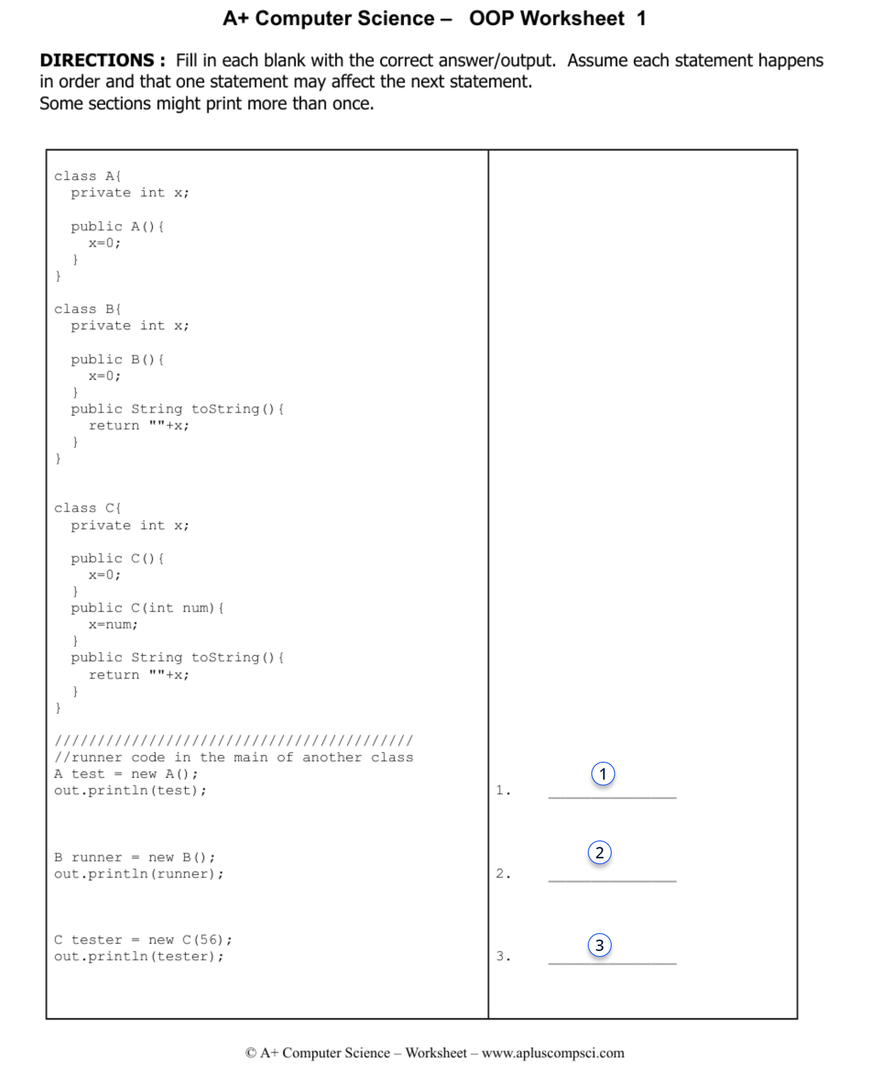 Solved A+ Computer Science - OOP Worksheet 1DIRECTIONS : | Chegg.com