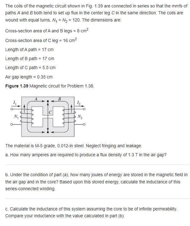Solved The coils of the magnetic circuit shown in Fig. 1.39 | Chegg.com
