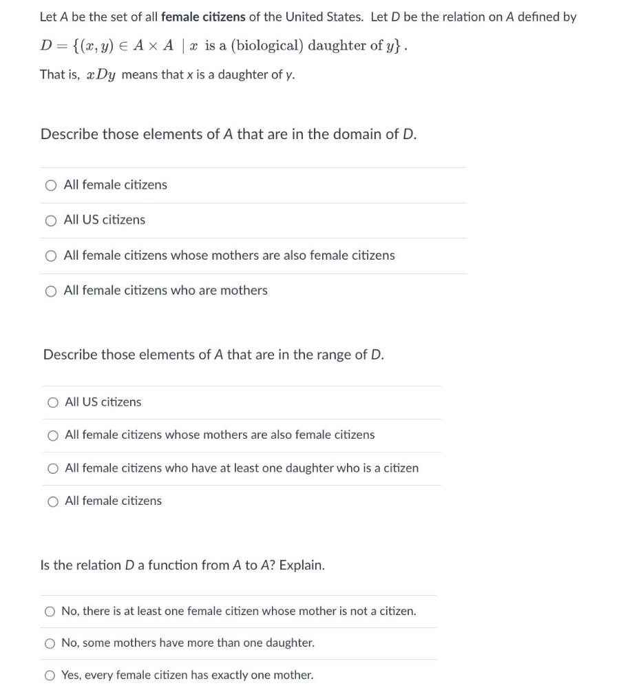 Solved Let A be the set of all female citizens of the United | Chegg.com