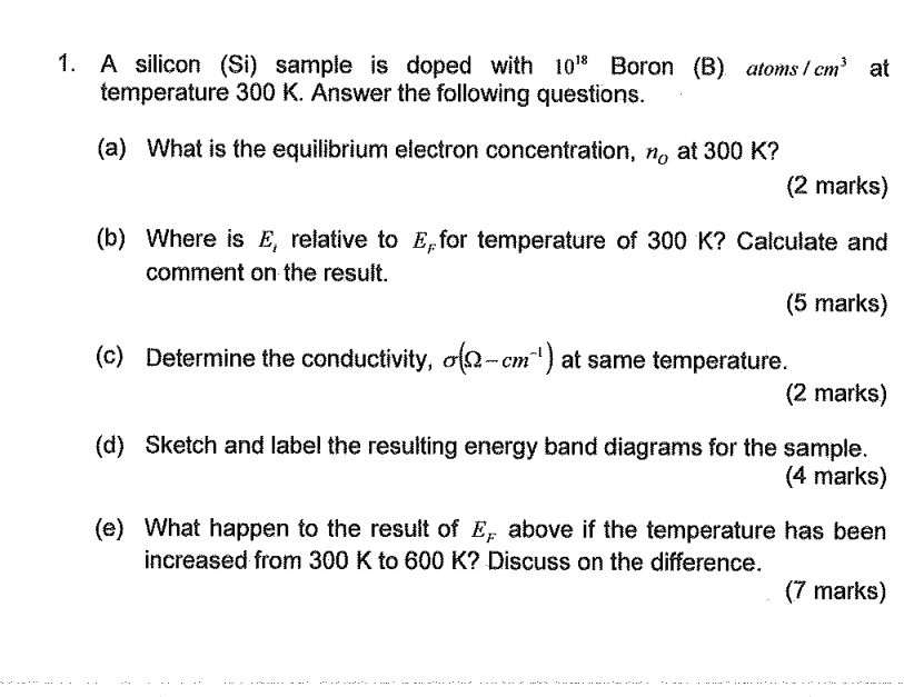 Solved 1. A silicon (Si) sample is doped with 1018 Boron (B) | Chegg.com