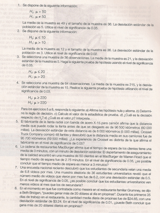 \[ \begin{array}{l} H_{0}: \mu=50 \\ H_{1}: \mu \neq 50 \end{array} \] La media de la muestra es 49 y el tamaño de la muestra