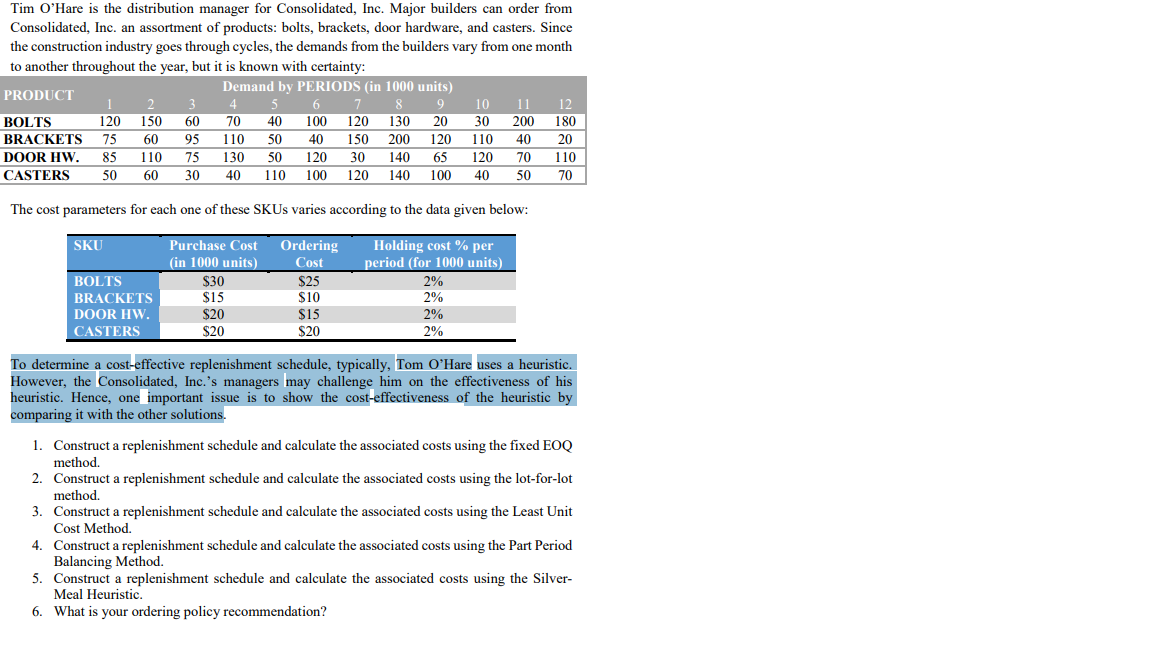 Construct a replenishment schedule and calculate the