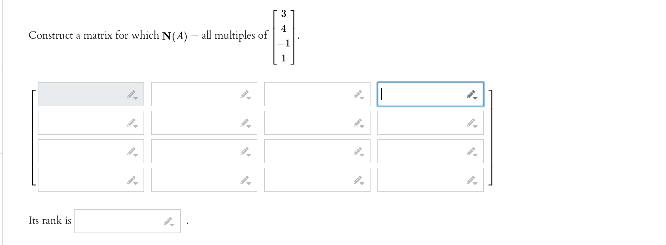Solved Construct a matrix for which N(A)= all multiples of | Chegg.com