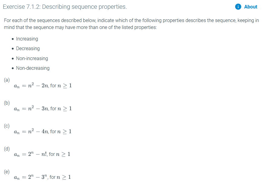 Solved Exercise 7.1.2: Describing sequence properties. i | Chegg.com