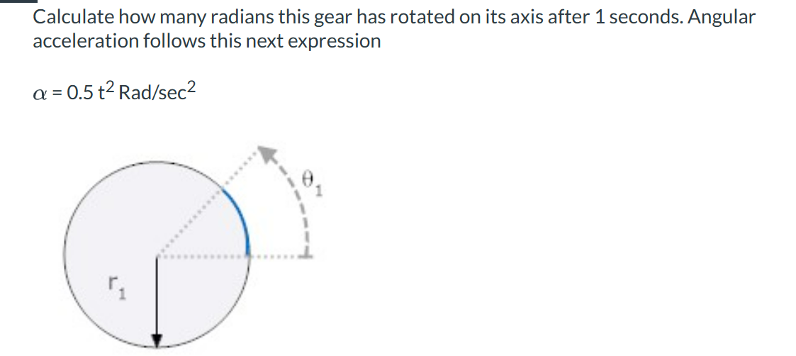 Calculate how many radians this gear has rotated on its axis after 1 seconds. Angular acceleration follows this next expressi