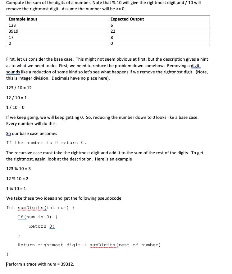 Solved Compute the sum of the digits of a number. Note that | Chegg.com