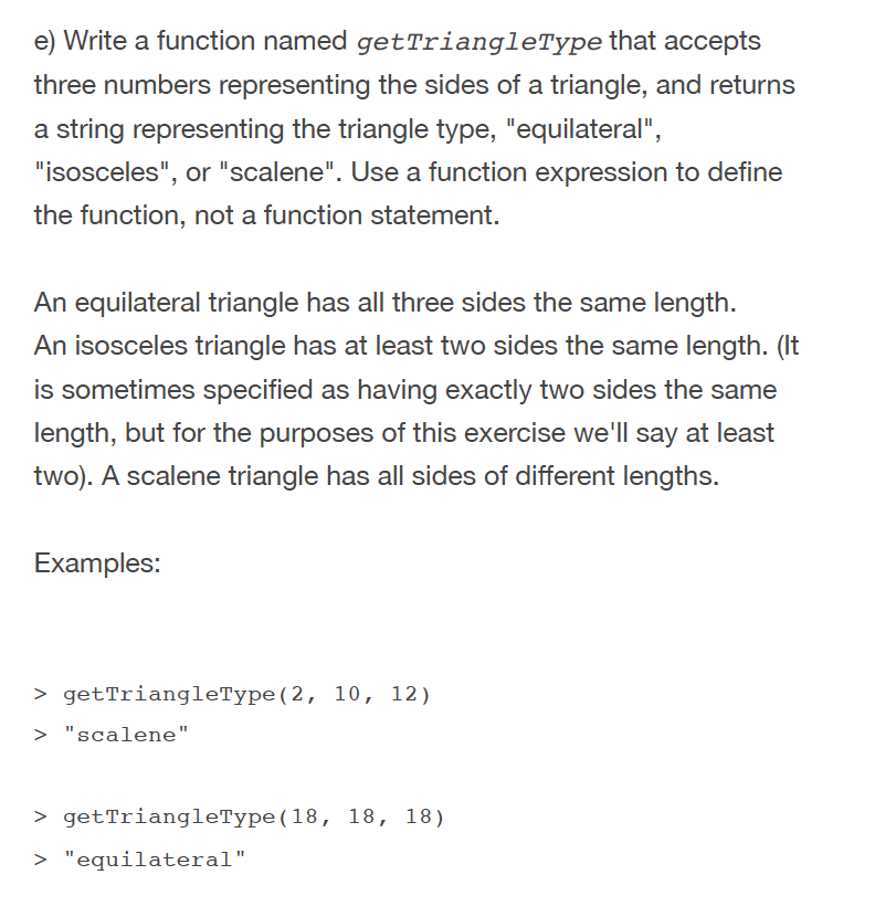 Solved e) Write a function named getTriangleType that | Chegg.com
