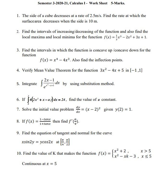 Solved Semester 3-2020-21, Calculus I - Work Sheet 5-Marks. | Chegg.com