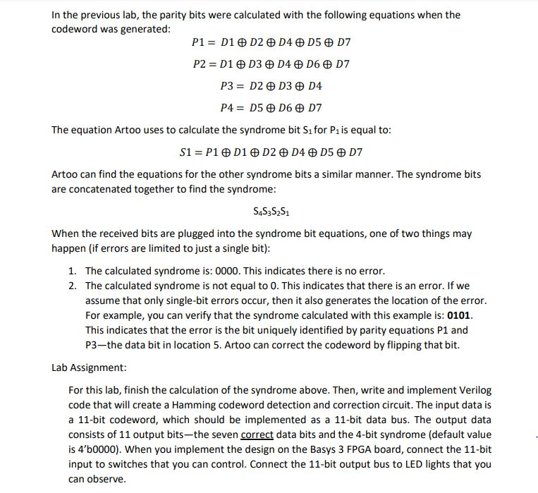 Hamming Codes for Single Bit Error Detection and | Chegg.com