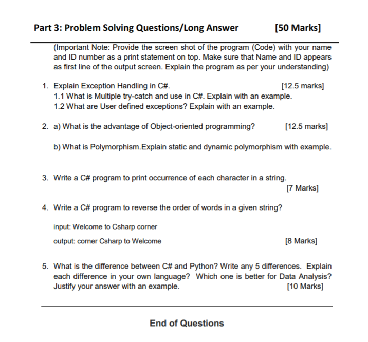 Solved Part 3: Problem Solving Questions/Long Answer [50 | Chegg.com