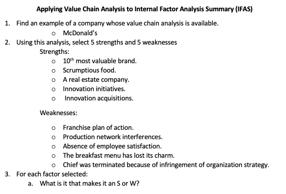 Solved Applying Value Chain Analysis To Internal Factor 