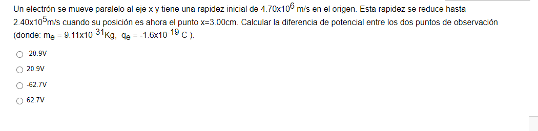 Un electrón se mueve paralelo al eje \( x \) y tiene una rapidez inicial de \( 4.70 \times 10^{6} \mathrm{~m} / \mathrm{s} \)