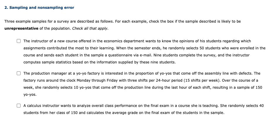 Solved 2. Sampling and nonsampling error Three example | Chegg.com