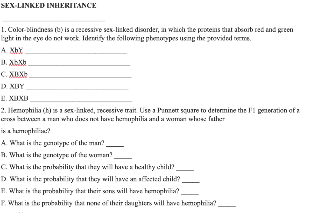 Solved Sex Linked Inheritance 1 Color Blindness B Is A