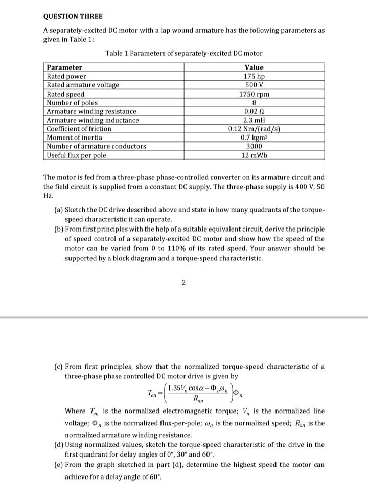 Solved QUESTION THREE A separately-excited DC motor with a | Chegg.com