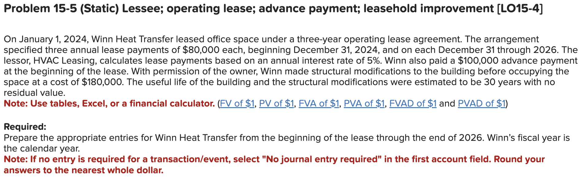 Solved Problem 15-5 (Static) Lessee; operating lease; | Chegg.com