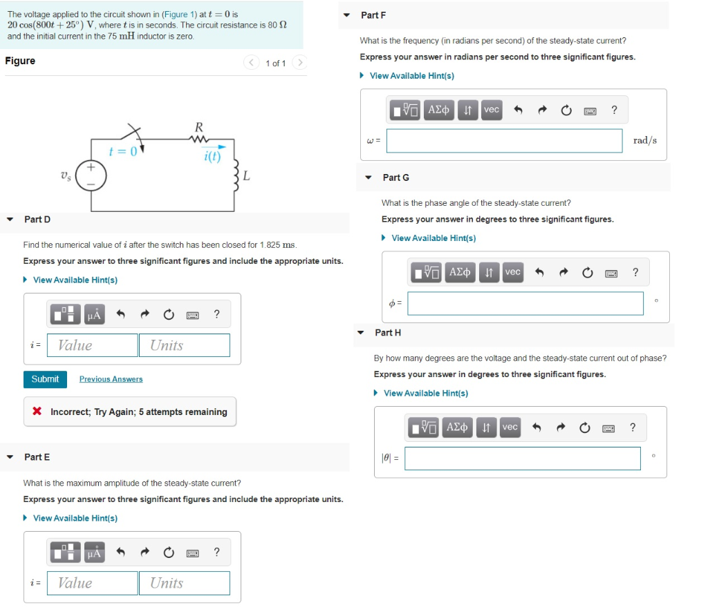 Solved Part F The voltage applied to the circuit shown in | Chegg.com