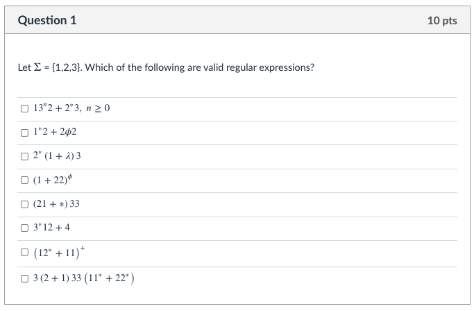 Solved Question 1 10 pts Let S = {1,2,3). Which of the | Chegg.com