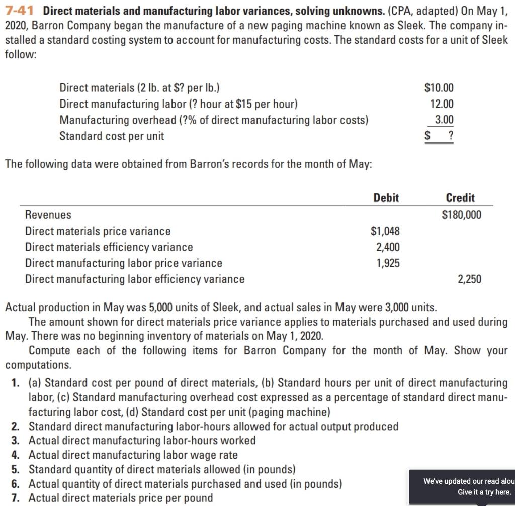 Solved 7 41 Direct materials and manufacturing labor Chegg