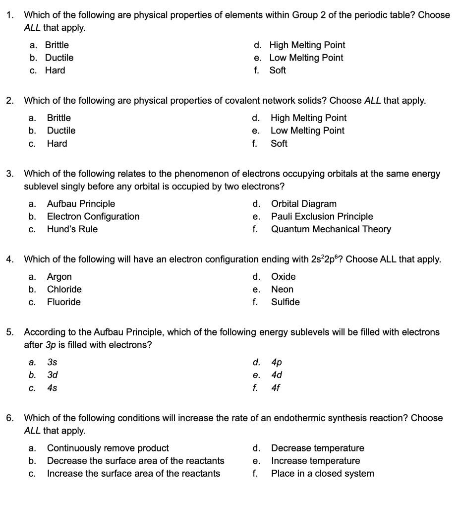 Solved 1. Which Of The Following Are Physical Properties Of | Chegg.com