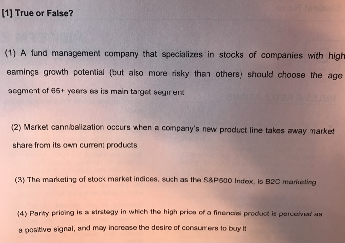 Solved 11 True Or False 1 A Fund Management Company That Chegg