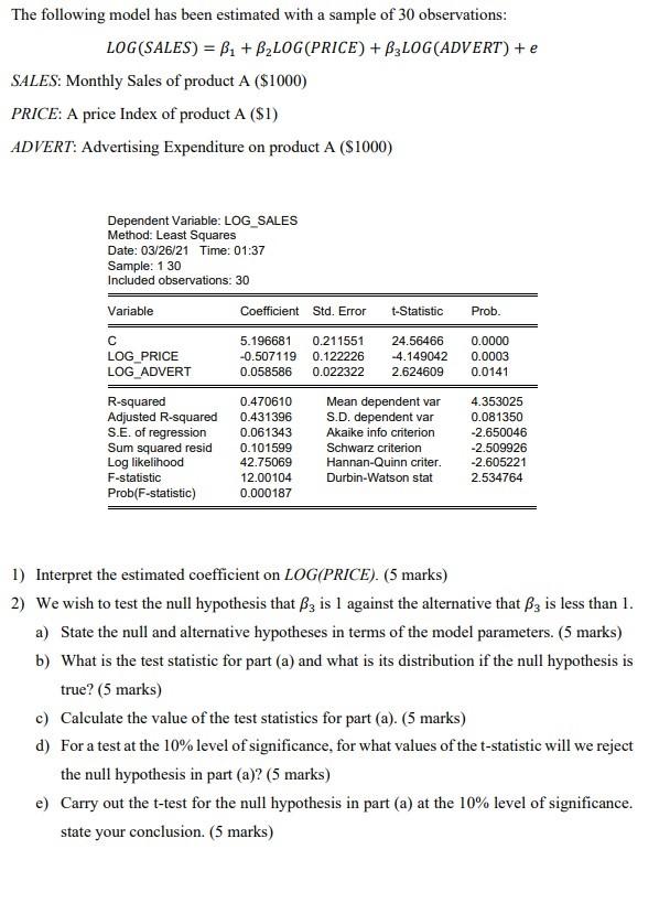 Solved The following model has been estimated with a sample | Chegg.com