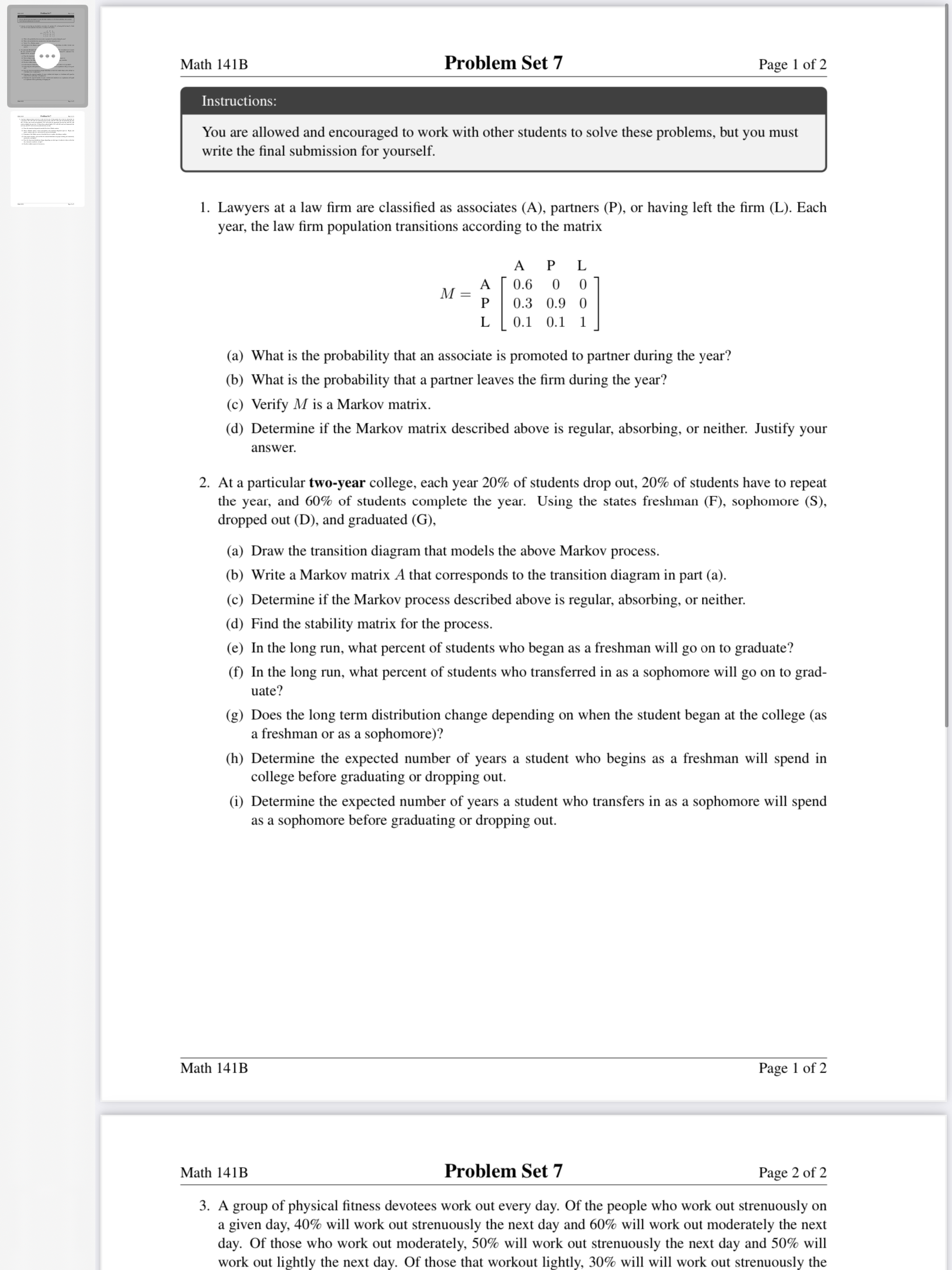 Math 141B Problem Set 7 Page 1 of 2 Instructions: You | Chegg.com