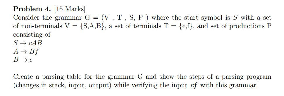 Solved Problem 4 15 Marks Consider The Grammar G V Chegg Com