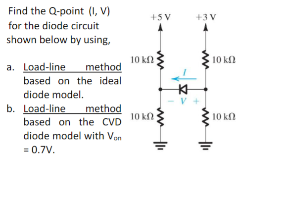 Find the Q-point (I, V)
for the diode circuit
shown below by using,
a. Load-line method
based on the ideal
diode model.
metho