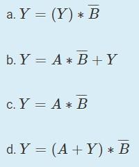 \( Y=(Y) * \bar{B} \)
\( Y=A * \bar{B}+Y \)
\( Y=A * \bar{B} \)
\( Y=(A+Y) * \bar{B} \)