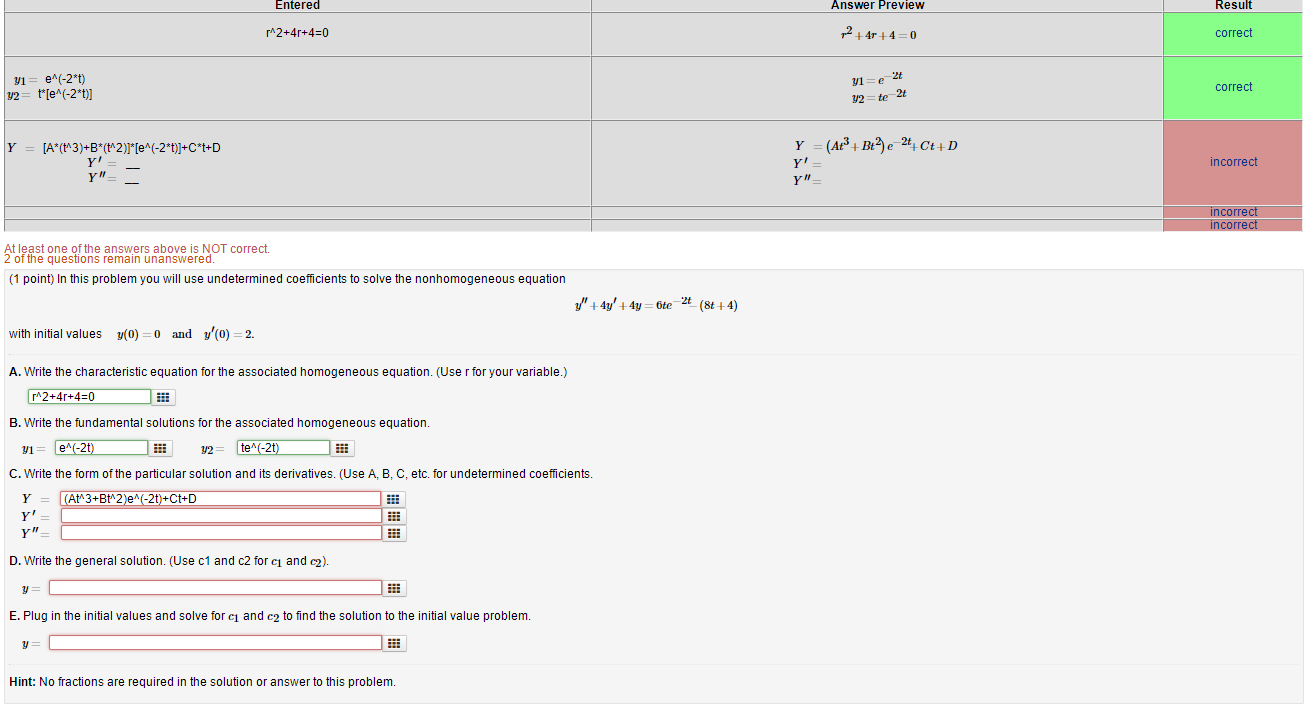 Solved Entered Answer Preview Result r^2+4r+4=0 m2 +41+4=0 | Chegg.com