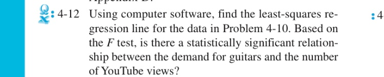 PPO DI :4 2:4-12 Using computer software, find the least-squares re- gression line for the data in Problem 4-10. Based on th