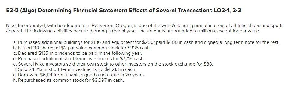 Solved E2-5 (Algo) Determining Financial Statement Effects | Chegg.com